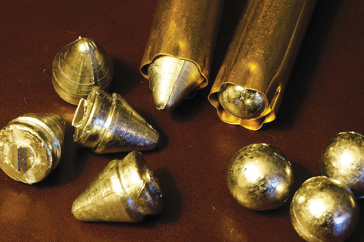 Both the 20-gauge ball and spire-point slugs were cast by Bob Hayley. The spire points are from a mould made for the 1860 Hessian musket.